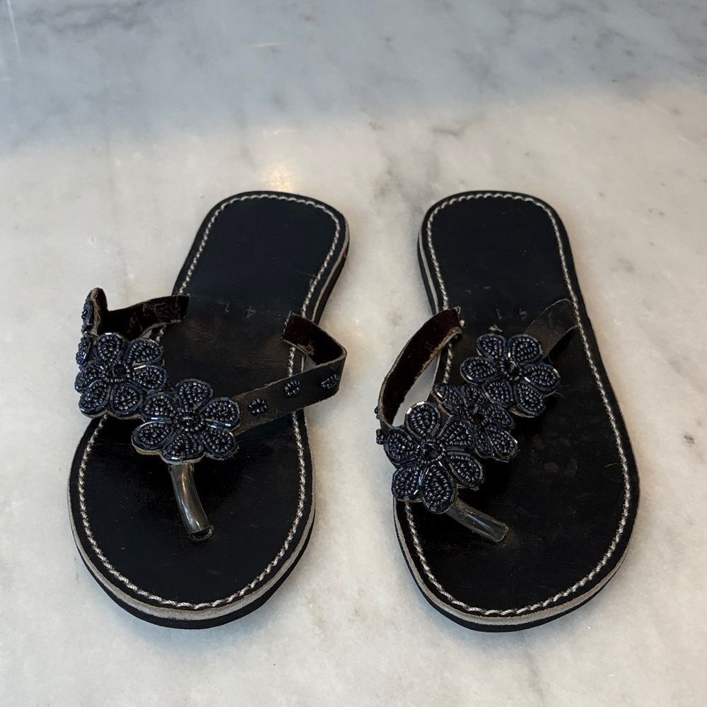 Sandals Shoes Black Floral Beaded Leather Women's Sandals